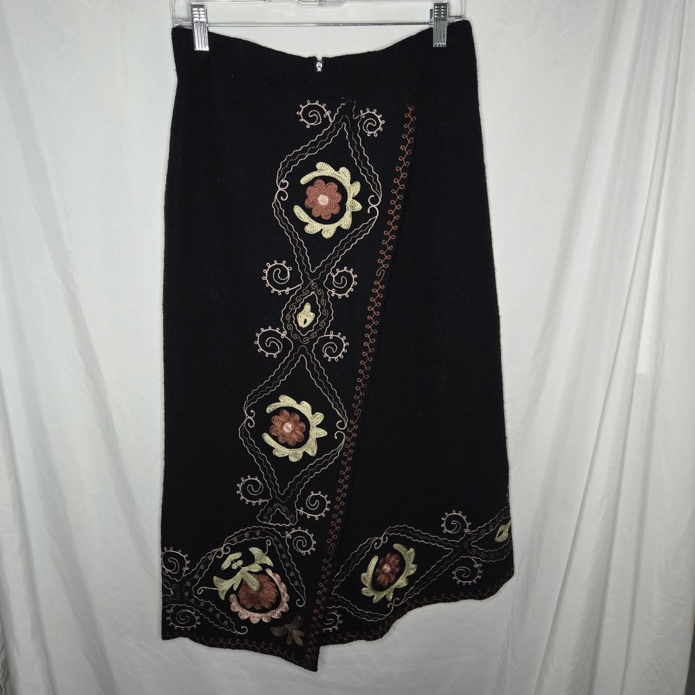 Chacok French Wool Embroidered Asymmetrical Wrap‎ Skirt Size 1 Black Boho Artsy